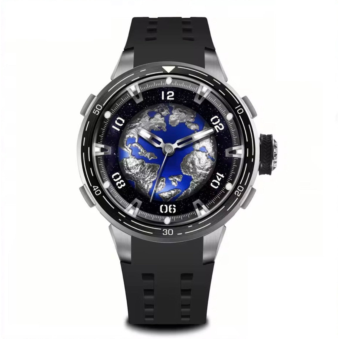 PINDU P6676 Planet Series 48mm automatic watch, blue earth with silver continents dial on black silicone, blue-earth-front