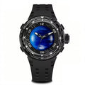 PINDU P6676 Planet Series 48mm automatic watch, deep blue planet on black dial on black silicone, blue-planet-front