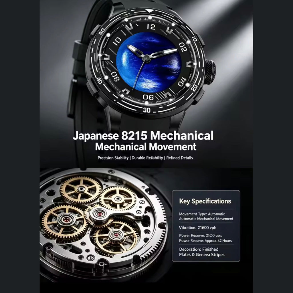 PINDU P6676 Planet Series 48mm automatic watch, deep blue planet on black dial on black silicone, blue-planet-movement-specs