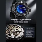 PINDU P6676 Planet Series 48mm automatic watch, deep blue planet on black dial on black silicone, blue-planet-movement-specs