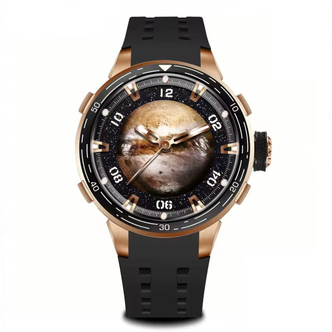 PINDU P6676 Planet Series 48mm automatic watch, banded tan Jupiter on starfield dial on black silicone, jupiter-front