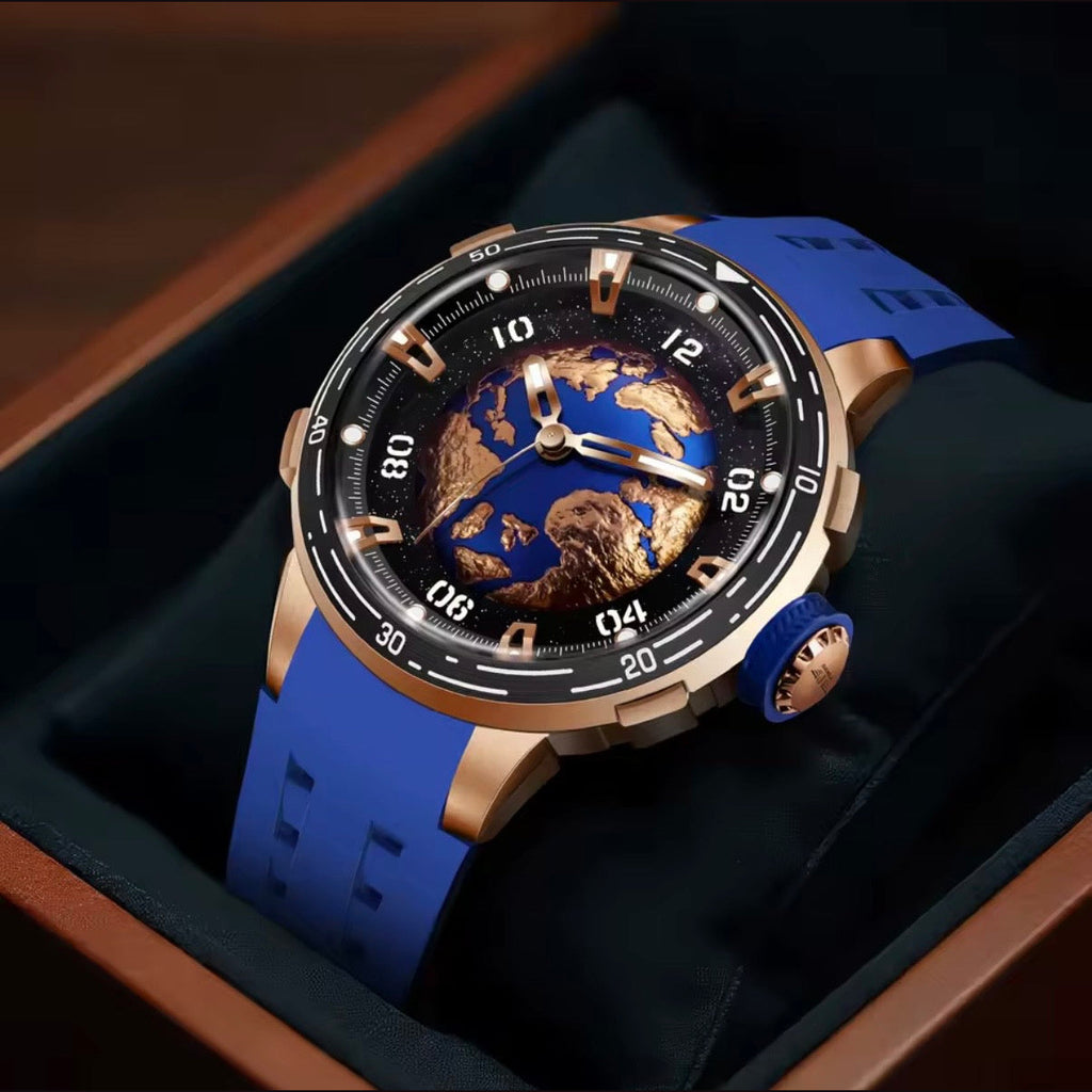 PINDU P6676 Planet Series 48mm automatic watch, blue earth with rose-gold continents dial on blue silicone, gold-earth-boxed