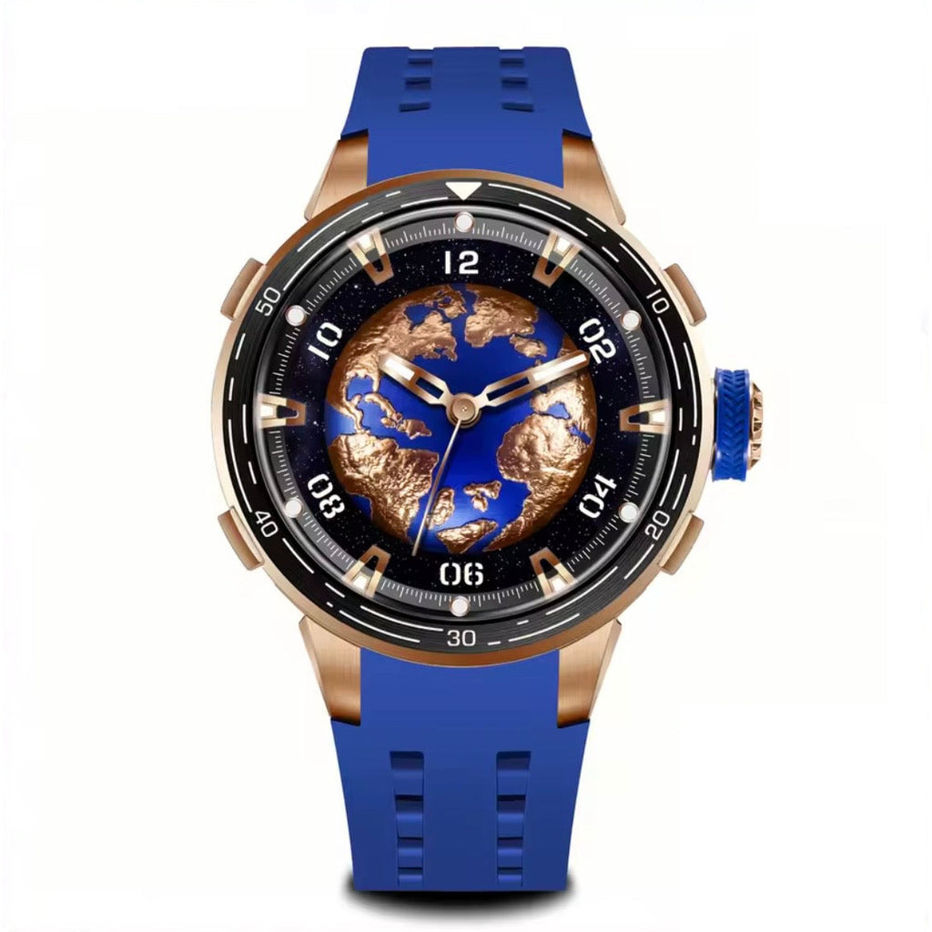 PINDU P6676 Planet Series 48mm automatic watch, blue earth with rose-gold continents dial on blue silicone, gold-earth-front