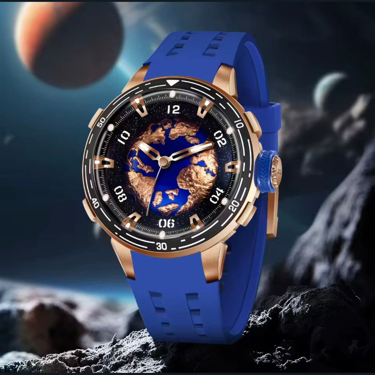 PINDU P6676 Planet Series 48mm automatic watch, blue earth with rose-gold continents dial on blue silicone, gold-earth-lifest