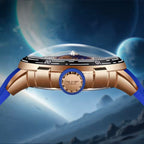 PINDU P6676 Planet Series 48mm automatic watch, blue earth with rose-gold continents dial on blue silicone, gold-earth-side-p