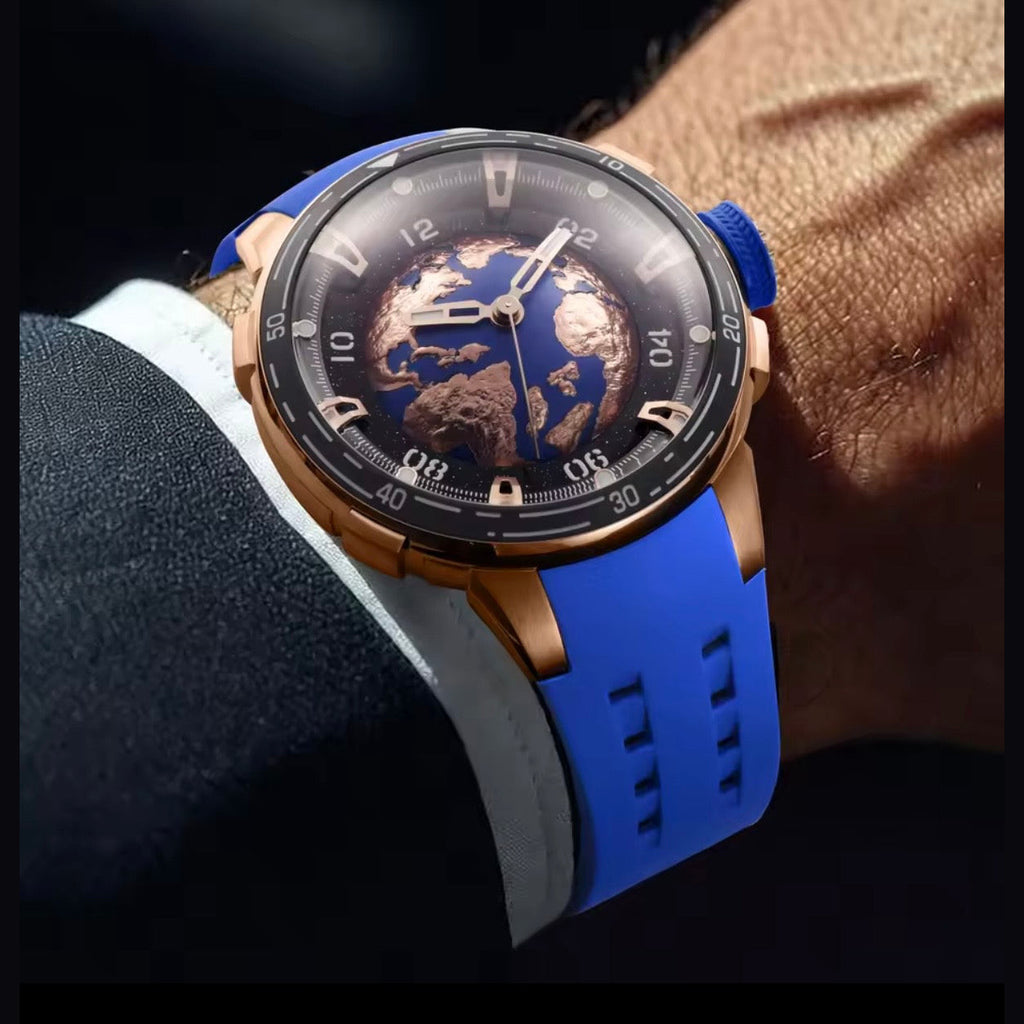 PINDU P6676 Planet Series 48mm automatic watch, blue earth with rose-gold continents dial on blue silicone, gold-earth-wrist