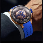 PINDU P6676 Planet Series 48mm automatic watch, blue earth with rose-gold continents dial on blue silicone, gold-earth-wrist