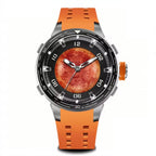 PINDU P6676 Planet Series 48mm automatic watch, red planet on black dial on orange silicone, red-planet-front