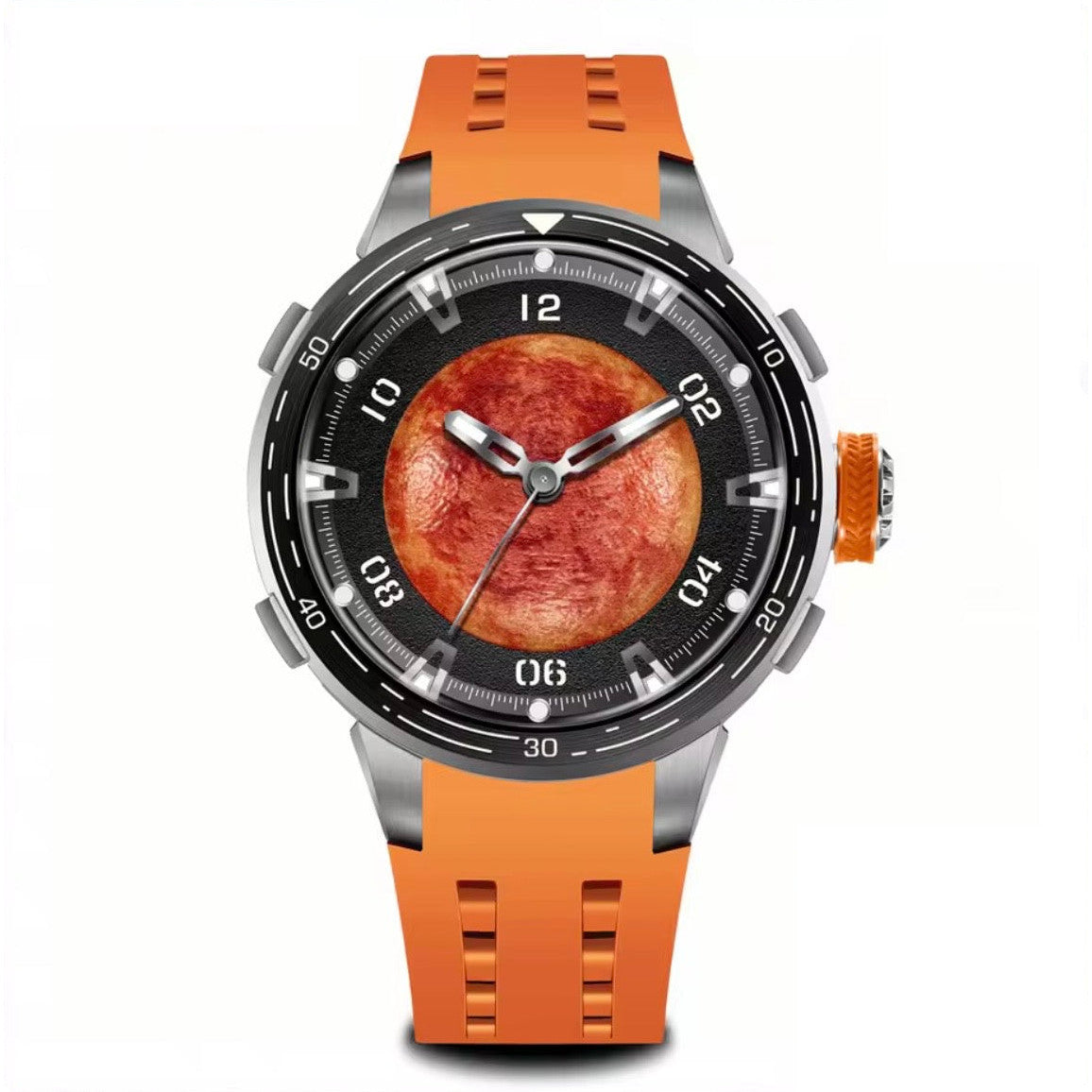 PINDU P6676 Planet Series 48mm automatic watch, red planet on black dial on orange silicone, red-planet-front