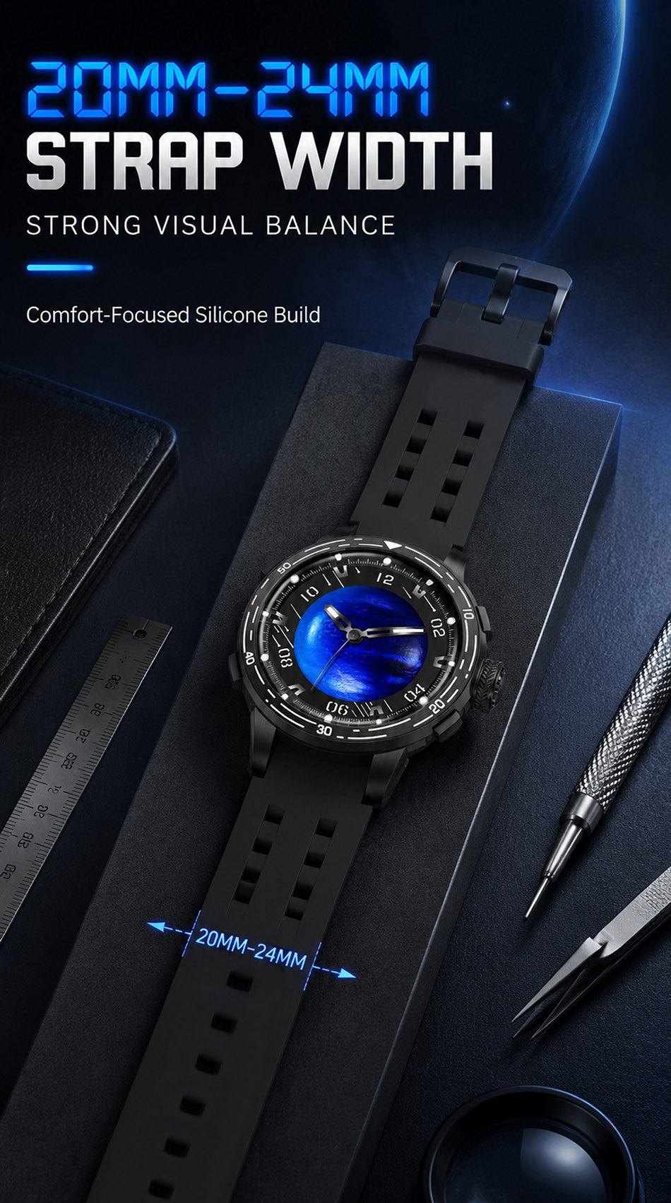 PINDU P6676 20mm-24mm strap width panel, watch on a black box beside a ruler and watchmaker tools