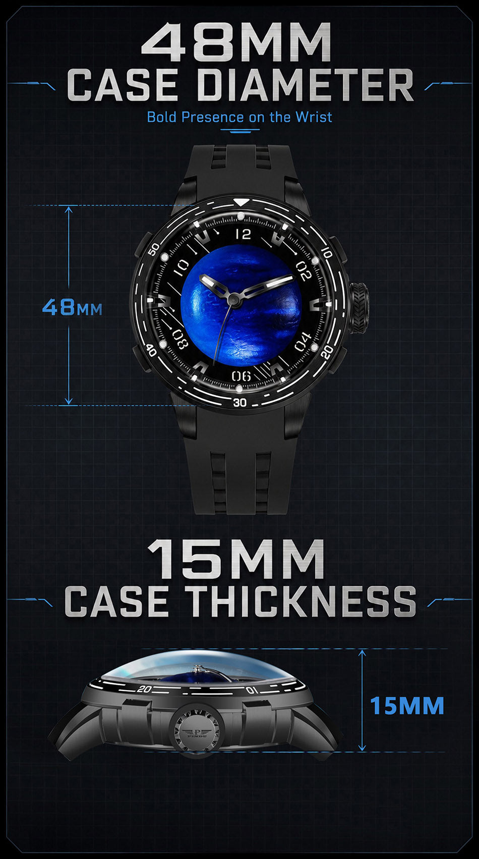 PINDU P6676 sizing panel with 48mm case diameter measured front-on and 15mm case thickness in side profile