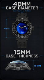 PINDU P6676 sizing panel with 48mm case diameter measured front-on and 15mm case thickness in side profile