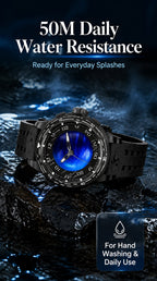 PINDU P6676 50M water resistance panel with the watch resting water-beaded on wet black rock