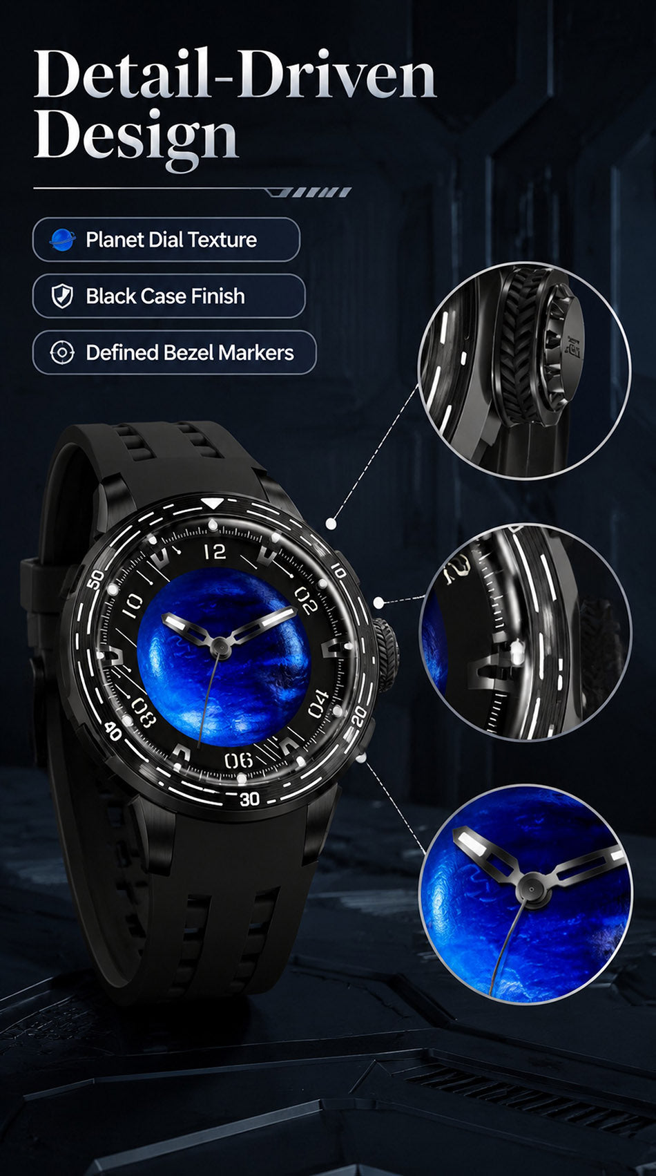 PINDU P6676 detail-driven design panel with magnified circles on the crown, bezel markers and dial hands