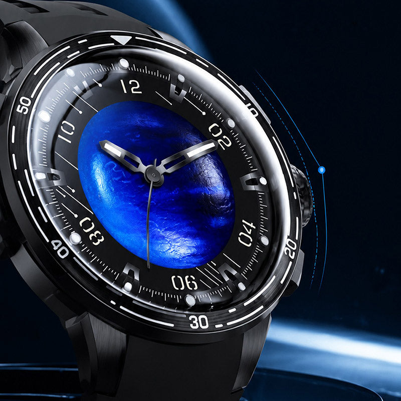 PINDU P6676 macro close-up of the curved crystal doming over the blue planet dial and white bezel markers