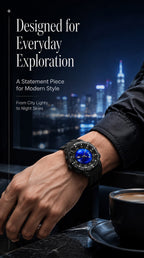 PINDU P6676 everyday exploration lifestyle panel, watch on a wrist at a marble bar with a night city skyline