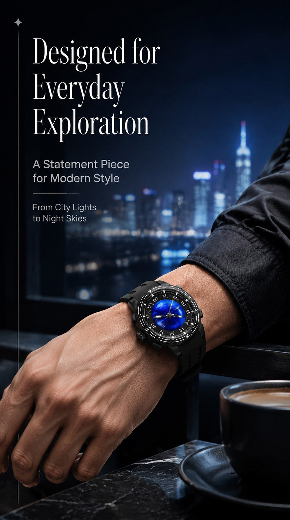PINDU P6676 everyday exploration lifestyle panel, watch on a wrist at a marble bar with a night city skyline