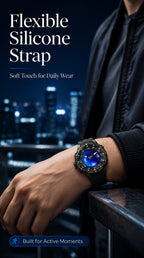 PINDU P6676 flexible silicone strap panel, watch worn on a wrist above a blue night city skyline