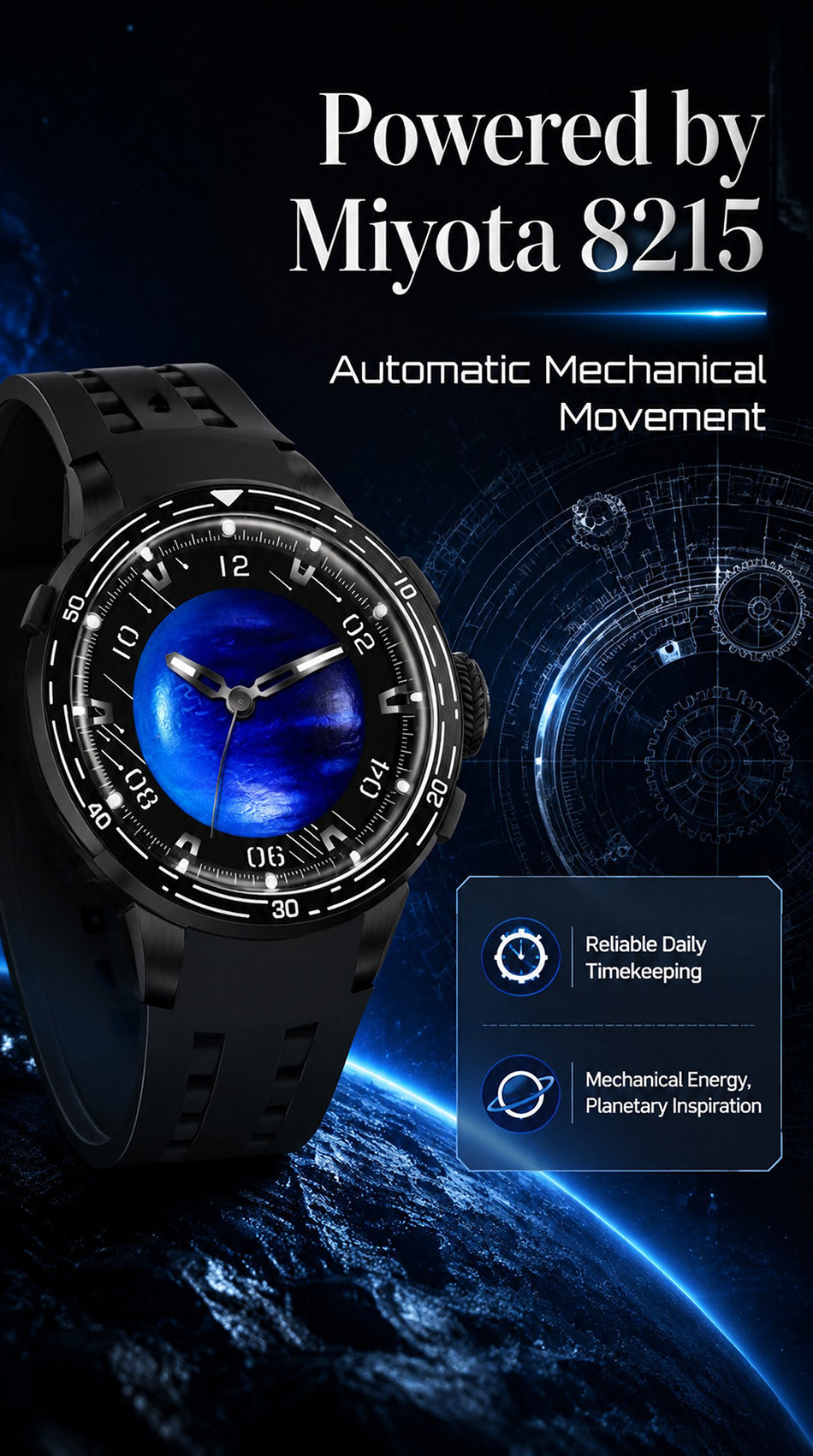 PINDU P6676 Miyota 8215 automatic movement panel with gear schematic and reliable daily timekeeping callouts