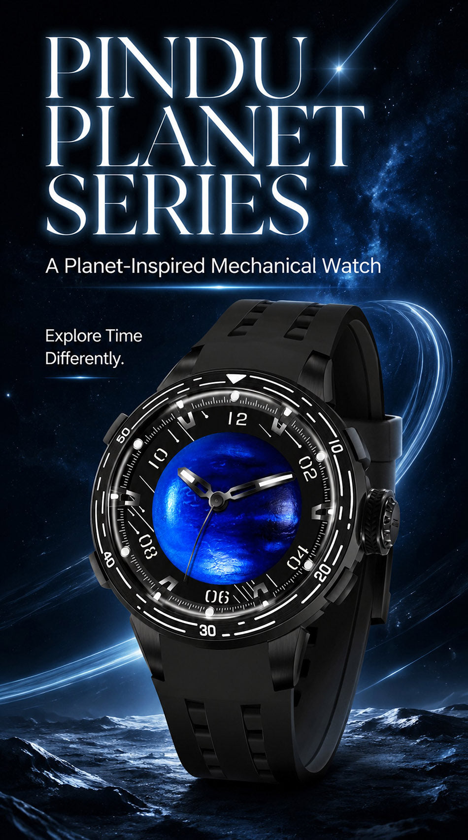 PINDU P6676 Planet Series hero banner, black watch standing upright on a lunar landscape under a starry sky