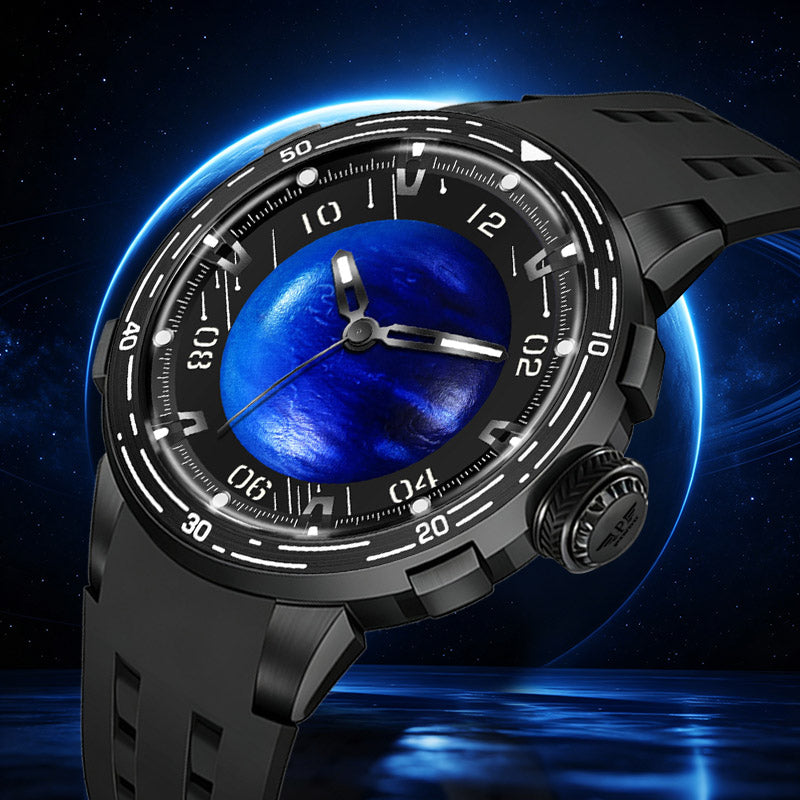 PINDU P6676 black case shown at a three-quarter angle over a starfield, fluted crown and blue planet dial in view