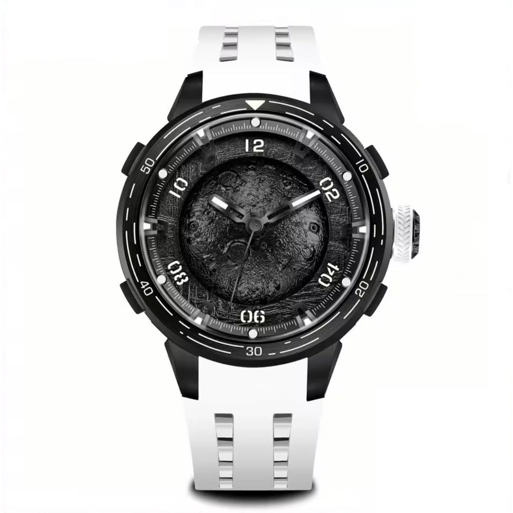 PINDU P6676 Planet Series 48mm automatic watch, charcoal moon on black dial on white silicone, black-moon-front