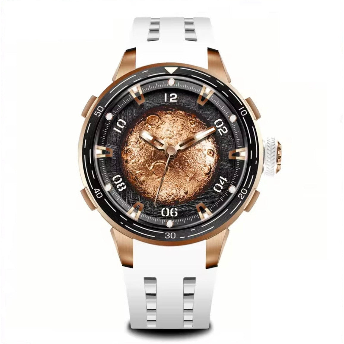 PINDU P6676 Planet Series 48mm automatic watch, rose-gold moon on black dial on white silicone, gold-moon-front