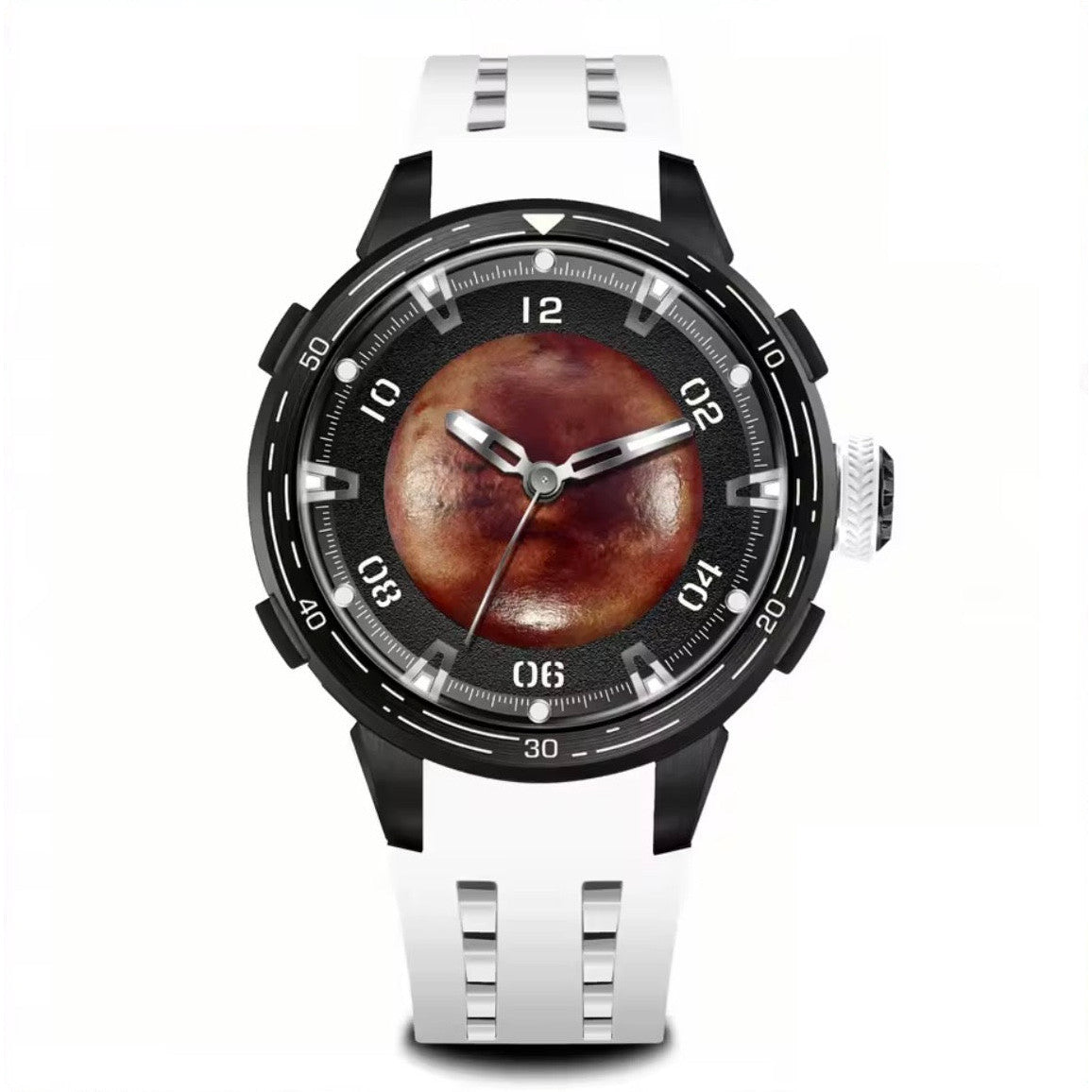 PINDU P6676 Planet Series 48mm automatic watch, red-brown Mars on black dial on white silicone, mars-front