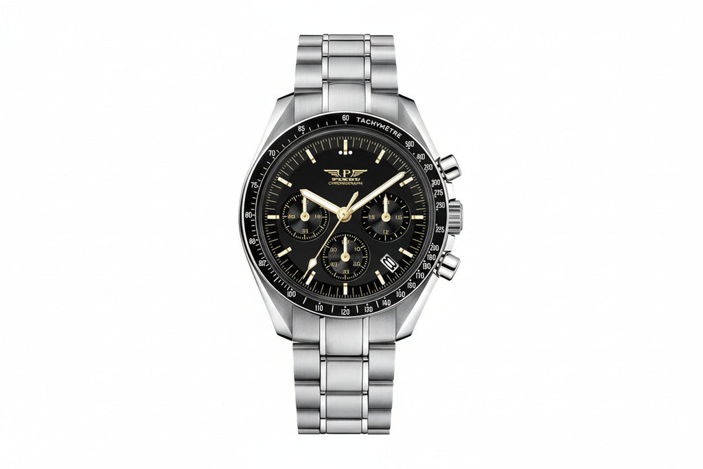 PINDU PD-1701 chronograph watch with black dial gold accents and steel bracelet