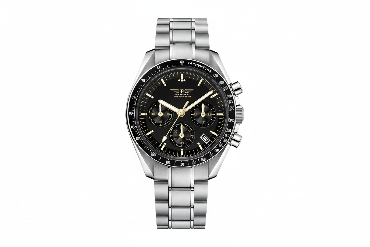 PINDU PD-1701 chronograph watch with black dial gold accents and steel bracelet