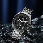PINDU PD-1701 chronograph watch lifestyle photo on dark rocks with black dial