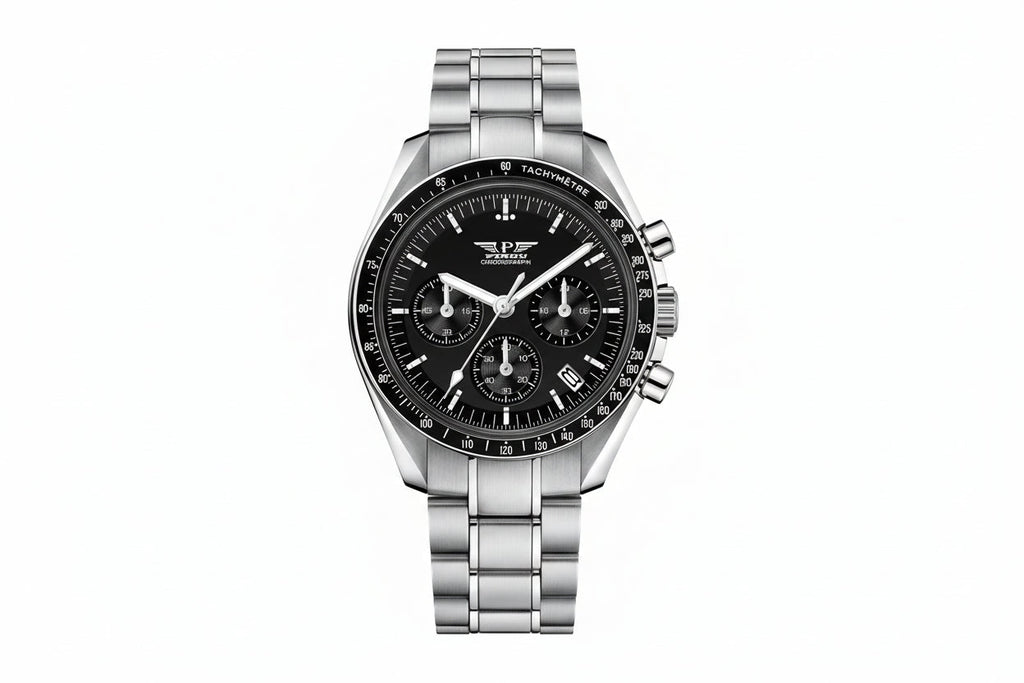 PINDU PD-1701 chronograph watch with black dial silver markers and steel bracelet