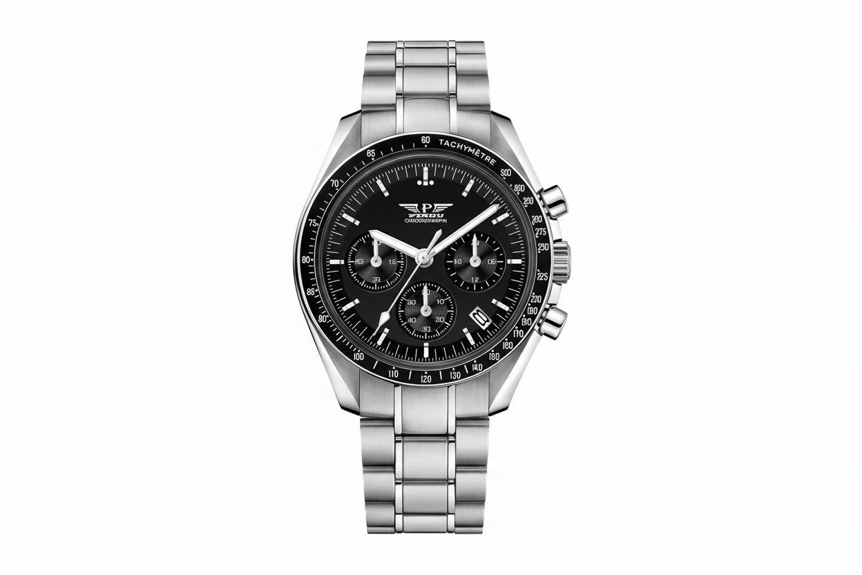 PINDU PD-1701 chronograph watch with black dial silver markers and steel bracelet