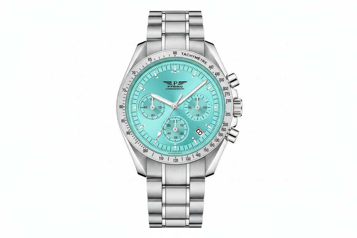 PINDU PD-1701 chronograph watch with ice blue dial and stainless steel bracelet