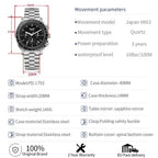PINDU PD-1701 chronograph watch specifications graphic with dimensions and movement details