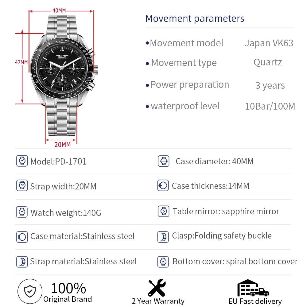 PINDU PD-1701 chronograph watch specifications graphic with dimensions and movement details