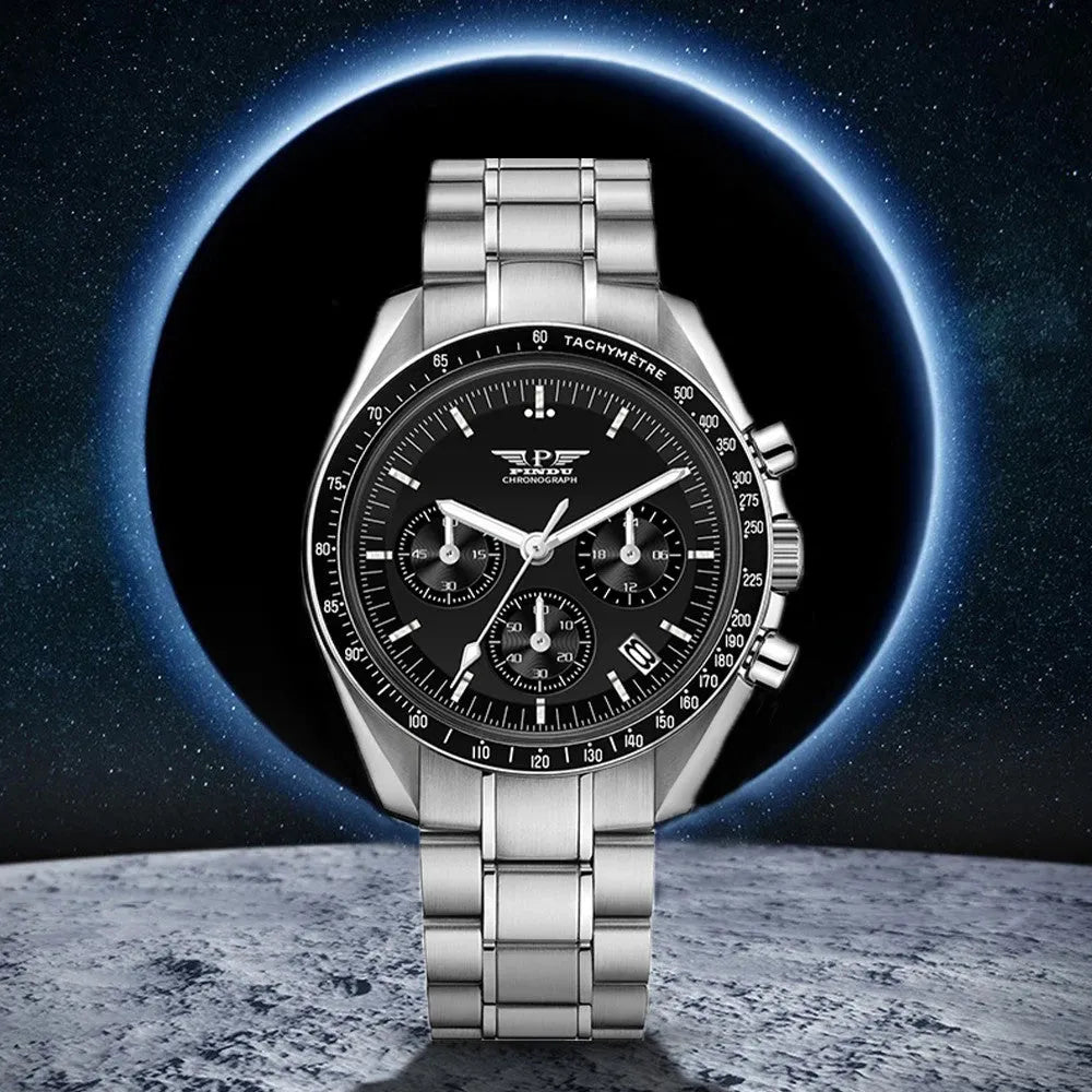 PINDU PD-1701 chronograph quartz moon watch with stainless steel bracelet and black dial, front view