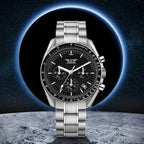PINDU PD-1701 chronograph quartz moon watch with stainless steel bracelet and black dial, front view