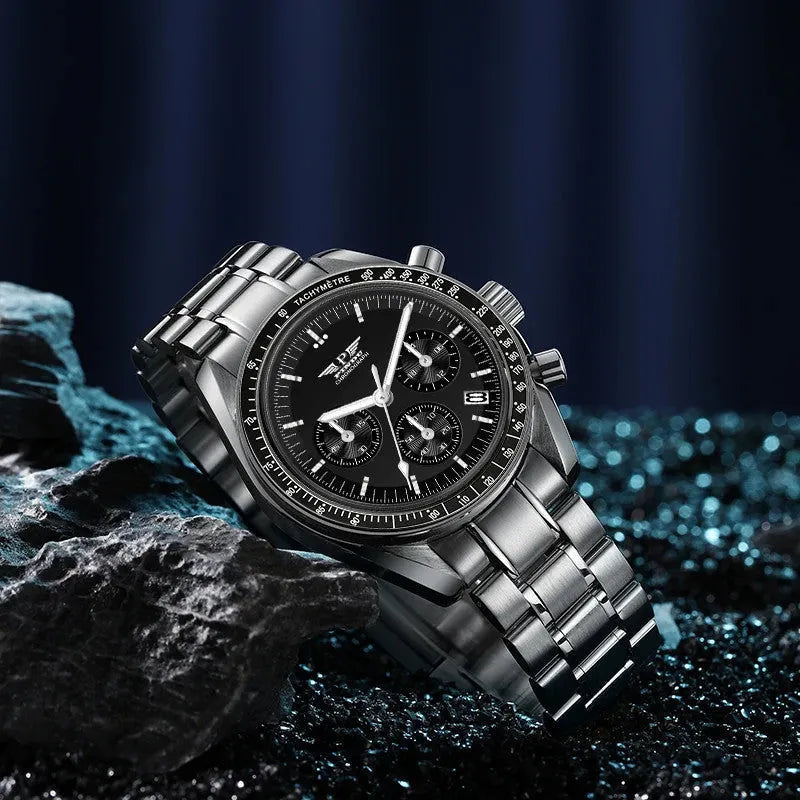 PINDU PD-1701 chronograph quartz moon watch with stainless steel bracelet and black dial, side angle