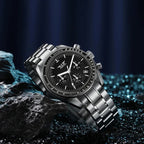 PINDU PD-1701 chronograph quartz moon watch with stainless steel bracelet and black dial, side angle