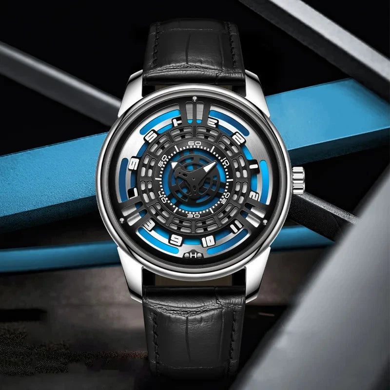 PINDU PD5029 steel case blue ring dial watch on black leather, angled studio lifestyle shot