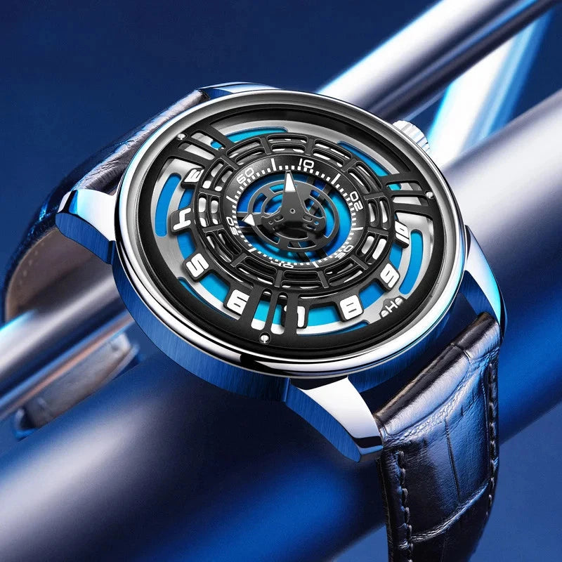 PINDU PD5029 angled view of the steel case and blue ring dial with dark leather strap