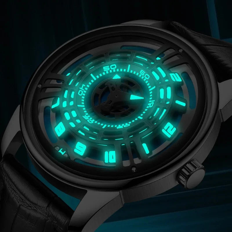 PINDU PD5029 retro mystery dial watch with cyan glowing lume markers, detail view