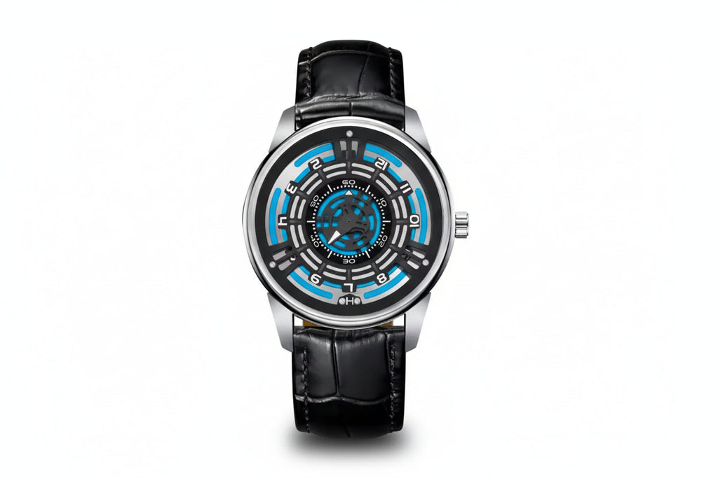 PINDU PD5029 retro mystery dial watch silver case with black leather strap, front view