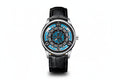 PINDU PD5029 retro mystery dial watch silver case with black leather strap, front view