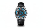 PINDU PD5029 retro mystery dial watch silver case with black leather strap, front view