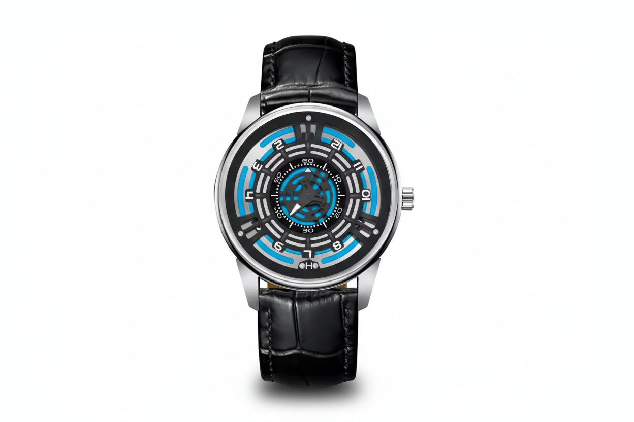 PINDU PD5029 retro mystery dial watch silver case with black leather strap, front view