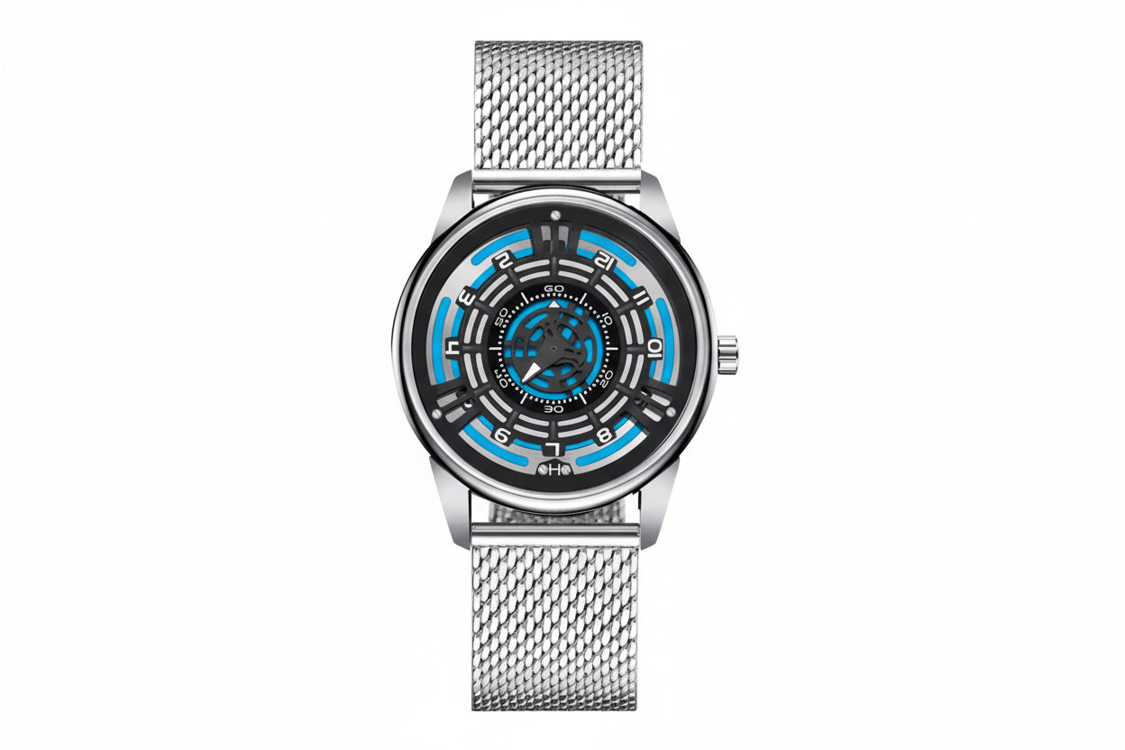 PINDU PD5029 retro mystery dial watch silver case with mesh bracelet, front view