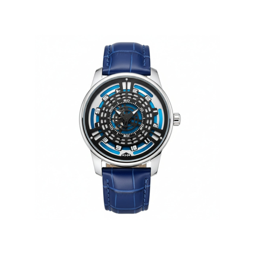 PINDU PD5029 Retro Precision men's watch with blue concentric dial and blue leather strap