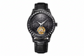 PINDU PD5037 tourbillon watch with black diamond-encrusted dial and black leather strap, front view